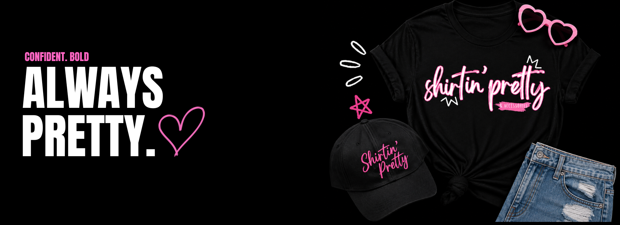 Black t-shirt with 'shinin' pretty' text, denim jacket, and accessories on a black background.